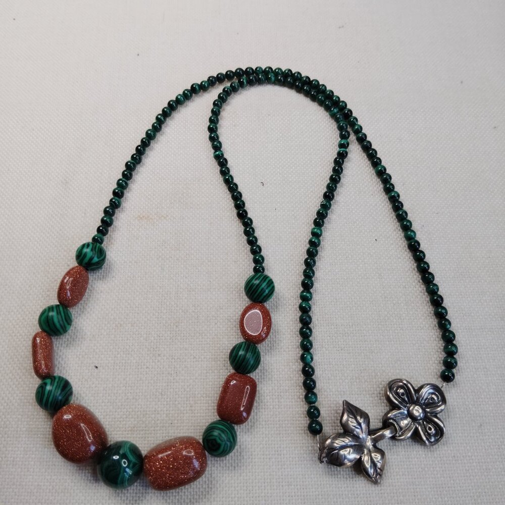 Malachite and Goldstone Beaded Necklace with Sterling Silver Floral Clasp